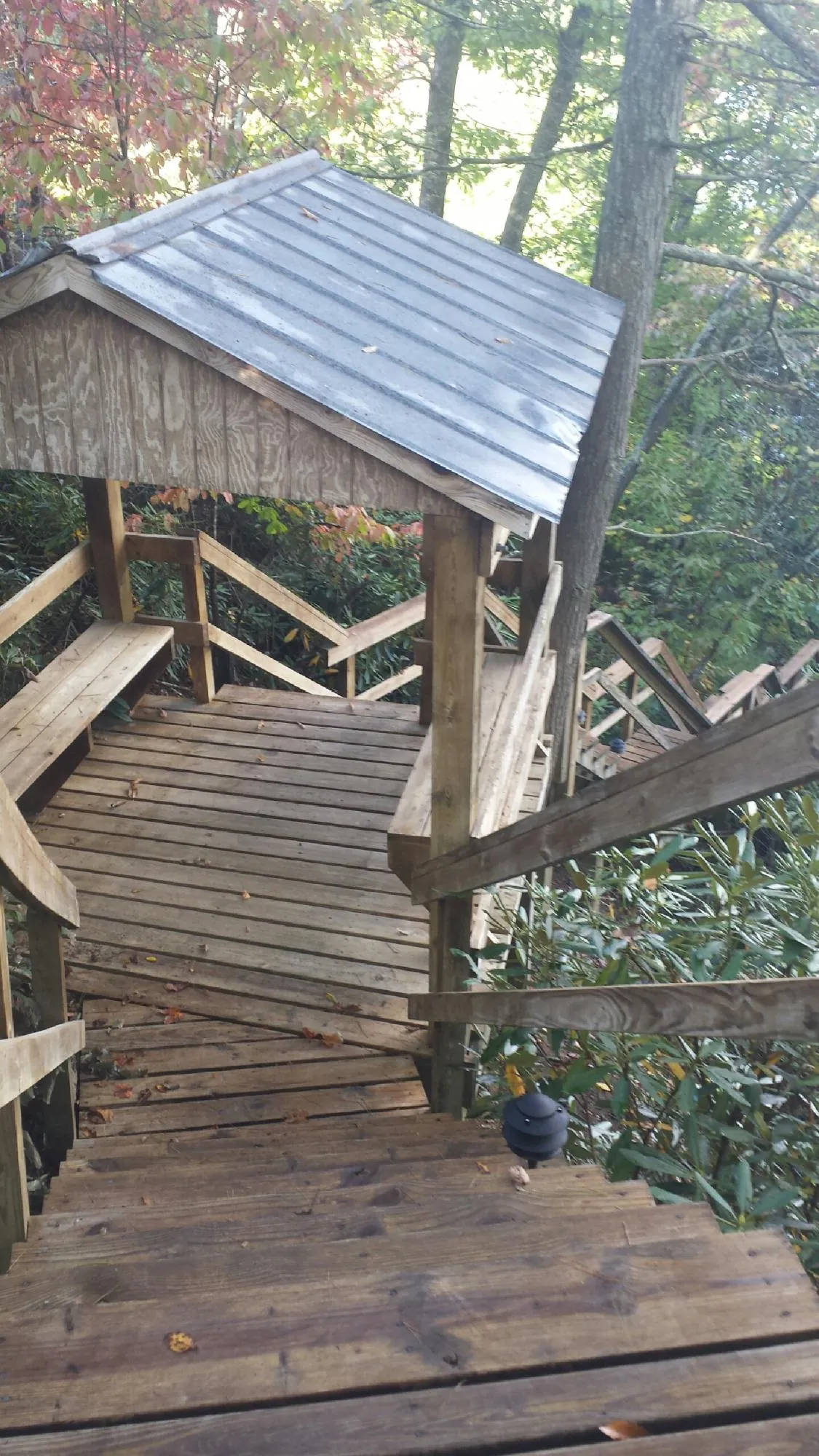 Metal roofed shelter over wooden steps on a wooded walkway — Skylight Repair & Installation work by our crew in Gray Court